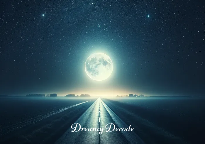 fatal car accident dream meaning _ A serene night sky with stars twinkling above a deserted road. The full moon casts a soft, calming glow over the scene, creating an atmosphere of tranquility and reflection.