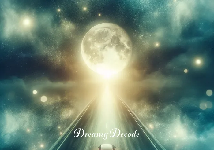 fatal car accident dream meaning _ A single car traveling down the moonlit road, depicted in a dreamlike state with soft, ethereal edges. The headlights gently illuminate the path ahead, symbolizing a journey of self-discovery and introspection.