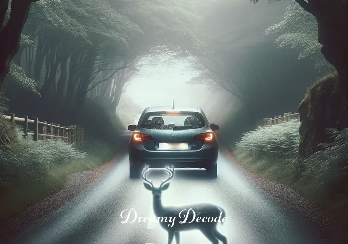 fatal car accident dream meaning _ The car at a sudden, gentle stop, with a faint, ghostly outline of a deer in front of it. The scene is peaceful, with a sense of surprise but no harm, conveying an unexpected turn in life