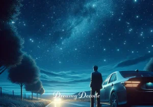 fatal car accident dream meaning _ The final image shows the car parked beside the road under the starry sky, with the driver stepping out to gaze at the night. This moment of pause and contemplation signifies a personal awakening or realization born from the journey.