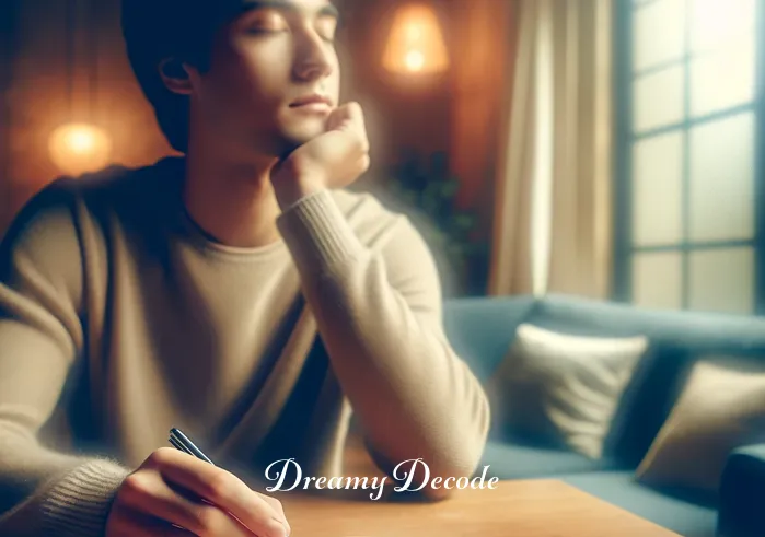 dream of cake meaning _ A person sitting at a table with a closed eyes expression, as if dreaming. In front of them is a blank notebook and a pen, suggesting they are about to record their dream.