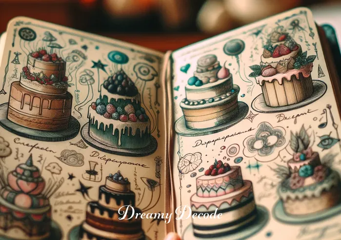dream of cake meaning _ A close-up of the notebook page, showing detailed drawings of different types of cakes along with handwritten notes interpreting their meanings, such as happiness, celebration, or desire.