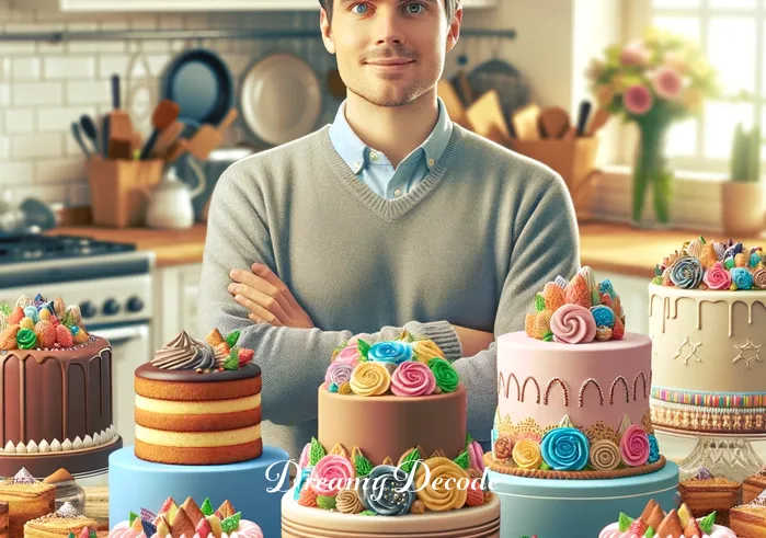 eating cake dream meaning _ A person standing in a kitchen, looking contemplatively at a variety of cakes displayed on the counter. The cakes are of different shapes and sizes, with colorful icings and decorations, creating an inviting and vibrant scene.