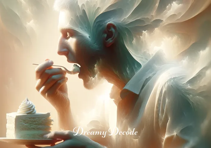 eating cake dream meaning _ The individual is seated at a table, taking a bite of the cake. Around them, the environment appears slightly dreamlike and surreal, with soft, ethereal lighting and a background that subtly shifts in colors and shapes, reflecting the dream state.