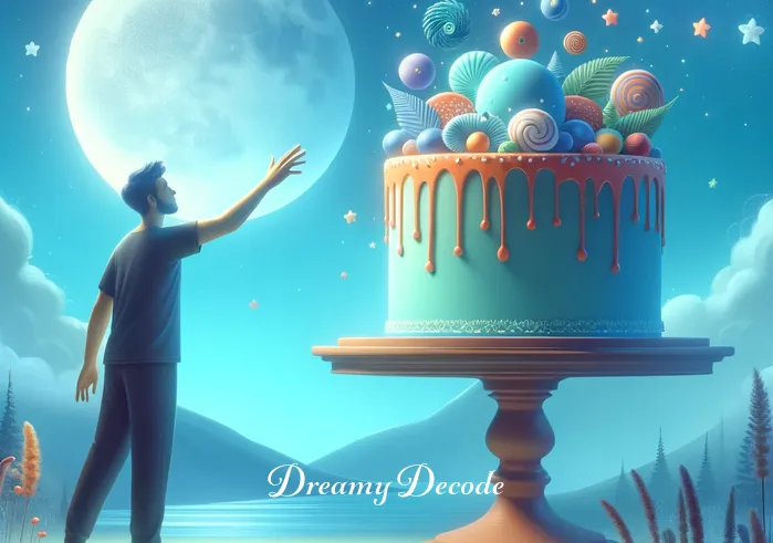 eating cake in dream meaning _ The same person, now with a look of pleasant surprise, is reaching out to touch the cake. This represents the curiosity and exploration often experienced in dreams, especially when encountering delightful or intriguing elements.