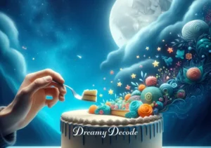 eating cake in dream meaning _ Finally, the person is depicted savoring a bite of the cake, eyes closed in contentment. This scene illustrates the fulfillment and satisfaction derived from understanding and appreciating the meanings and emotions conveyed in dreams.