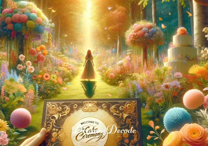 receiving cake in dream meaning _ A vivid dream where a person is walking through a lush garden, filled with vibrant flowers and greenery. In their hand, they hold an intricately decorated invitation with golden script that reads, "Welcome to the Cake Ceremony." The sun shines brightly overhead, casting a warm, inviting glow over the scene.