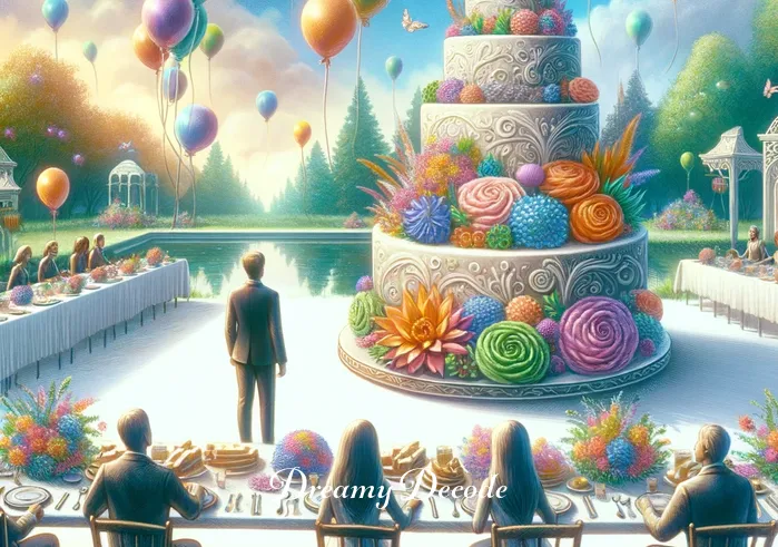 receiving cake in dream meaning _ The same person from the previous dream now stands at a long, elegantly set table in the garden. In front of them, a majestic, multi-tiered cake adorned with colorful icing and edible flowers sits prominently. The cake exudes an aura of happiness and celebration, and other dream figures are seen smiling and chatting around the table.