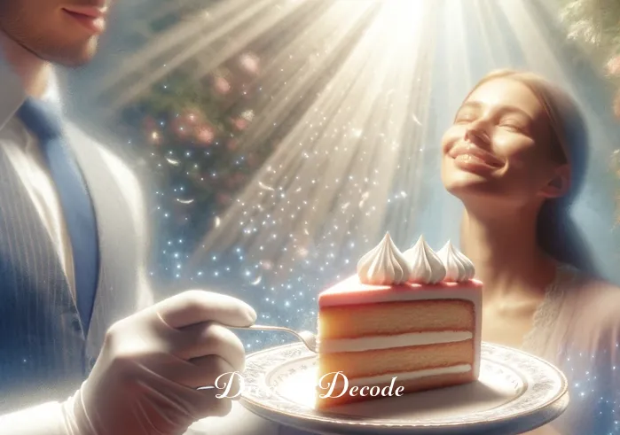 receiving cake in dream meaning _ In this continuation, the person is seen receiving a generous slice of the cake from a friendly, smiling server. The cake slice is beautifully presented on a delicate porcelain plate, with the icing glistening under the soft light. The dreamer