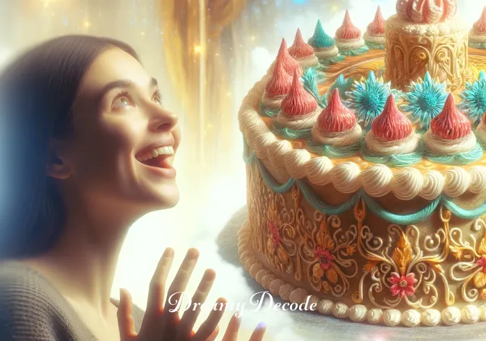 seeing cake in dream meaning _ A person joyfully discovering a large, beautifully decorated cake in a dream, symbolizing abundance and celebration. The cake is ornate, with colorful icing and intricate designs, set against a dreamy, soft-focus background, evoking feelings of happiness and surprise.