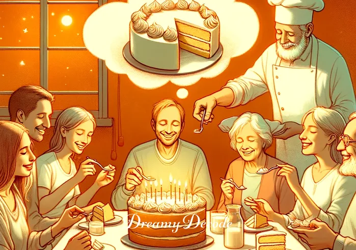 seeing cake in dream meaning _ The dream shifts to the person sharing the dream cake with friends and family. The scene is warm and convivial, with everyone smiling and enjoying slices of the cake, symbolizing sharing and community.