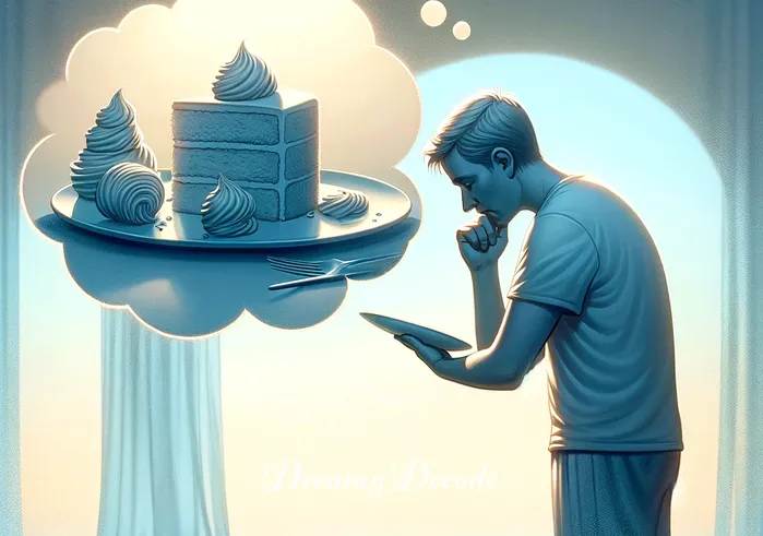 seeing cake in dream meaning _ The dream takes a reflective turn as the person is seen pondering over an empty cake plate, symbolizing the transient nature of joy and the importance of savoring the moment. The background is serene, with soft lighting and a contemplative atmosphere.