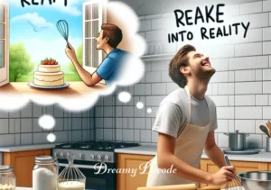 seeing cake in dream meaning _ The final scene shows the person waking up from the dream with a smile, inspired to bake a real cake. The kitchen is bright and welcoming, with baking ingredients and utensils laid out, signifying turning dreams into reality and the joy of creation.