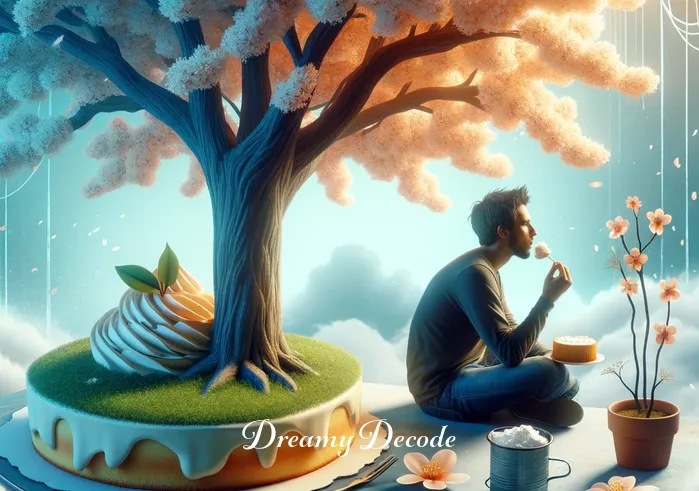 spiritual meaning of eating cake in a dream _ The same person, now sitting under a tree with blossoming flowers, takes a thoughtful bite of the cake, representing a deeper exploration of their inner self in the dream.