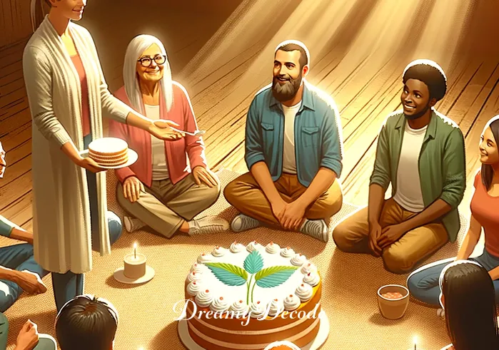 spiritual meaning of eating cake in a dream _ The scene transitions to the person sharing the cake with a group of diverse, friendly-looking people in a circle, symbolizing community and shared spiritual experiences.