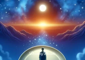 spiritual meaning of eating cake in a dream _ The final image shows the person, now content and smiling, with an empty plate, under a starry sky, symbolizing the fulfillment and enlightenment gained from the spiritual journey in the dream.