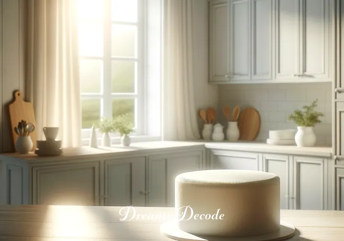white cake dream meaning _ A person stands in a serene, sunlit kitchen, gazing thoughtfully at a pristine white cake on the counter. The cake, symbolizing purity and new beginnings, resonates with a sense of peace and potential.