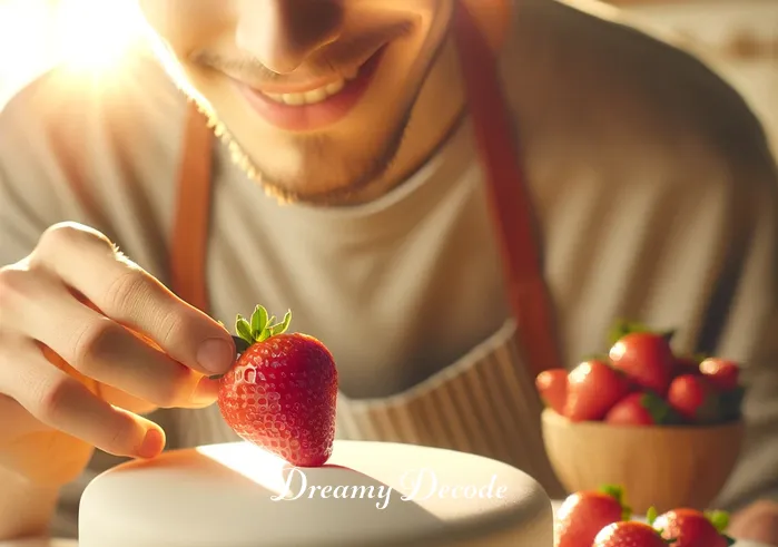 white cake dream meaning _ The same individual, now with a gentle smile, delicately places a single, bright red strawberry atop the white cake. This act represents the introduction of passion and vitality into the serene purity of their life