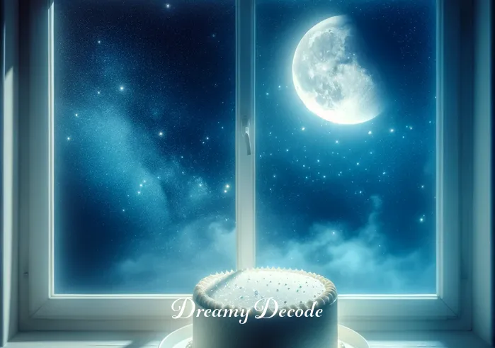 white cake dream meaning _ Transition to a dreamlike scene where the cake, bathed in soft moonlight, sits on a windowsill. Outside, a starry night sky stretches endlessly, suggesting the exploration of deep subconscious thoughts and the mysteries of the dreamer