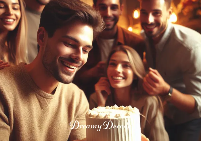 white cake dream meaning _ Finally, the person is seen sharing the white cake with a group of smiling friends in a cozy, warmly lit room, symbolizing the sharing of joy, the fulfillment of desires, and the importance of community and connection in one's life journey.