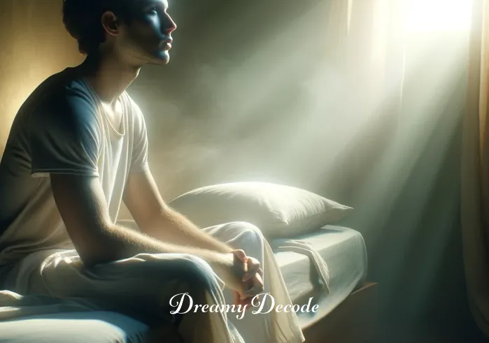 spiritual meaning of hearing your name called in a dream _ The final scene shows the dreamer, now awake, sitting on the bed in the early morning light. A look of contemplation and enlightenment is on their face, suggesting a profound spiritual understanding gained from the dream experience.