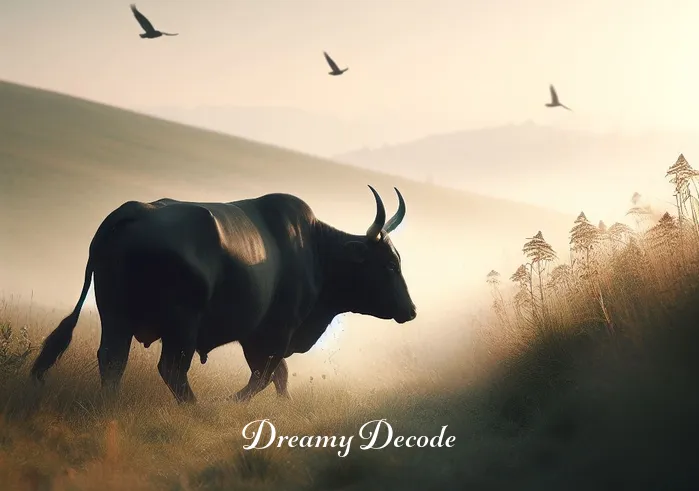 black bull attacking in dream meaning _ A final scene shows the black bull coming to a gentle stop, its breath visible in the cool morning air. It turns to look over its shoulder, its gaze softening. The meadow is bathed in sunlight, with birds flying overhead, symbolizing the end of the journey and a return to tranquility.