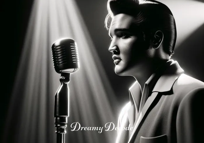 elvis presley - if i can dream meaning _ Elvis Presley standing under a spotlight on a dim stage, his expression introspective and hopeful, symbolizing the beginning of a journey towards a better future as depicted in "If I Can Dream."