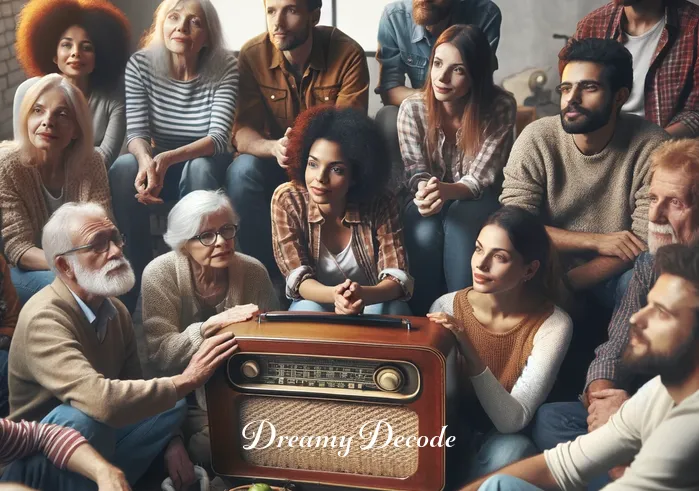 elvis presley - if i can dream meaning _ A diverse group of people of different ages and backgrounds, gathered around a vintage radio, listening intently to Elvis Presley