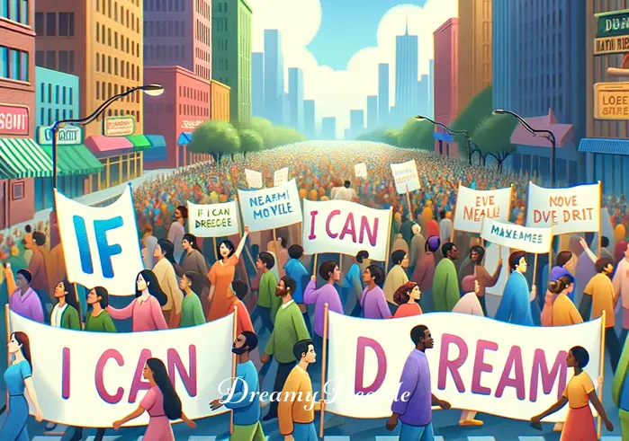 elvis presley - if i can dream meaning _ A peaceful march on a city street, with people carrying banners with lyrics from "If I Can Dream," demonstrating the song