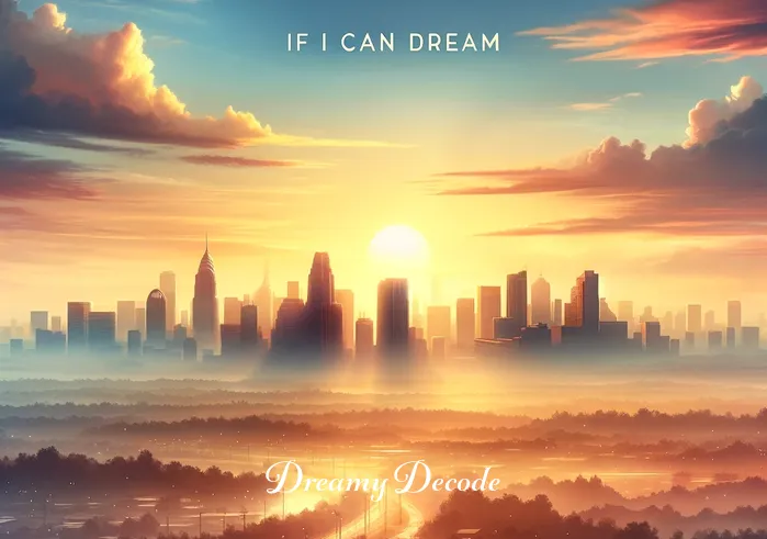 elvis presley - if i can dream meaning _ A serene sunrise over a tranquil cityscape, symbolizing the hopeful message of the song "If I Can Dream," implying a new dawn of understanding and peace as envisioned by Elvis Presley.