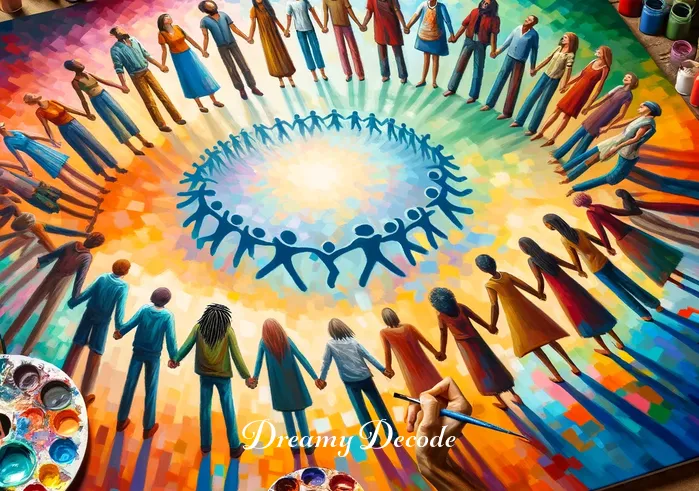 if i can dream lyrics meaning _ An artist passionately painting a large canvas, using vibrant colors to depict a diverse group of people holding hands in a circle. Their expressions are filled with joy and unity, capturing the song