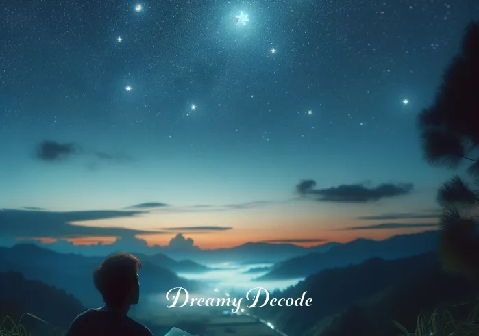 if i can dream meaning _ A person sitting under a starry sky, holding a notebook and pen, looking thoughtfully at the stars, symbolizing the initial stage of seeking inspiration for their dreams.