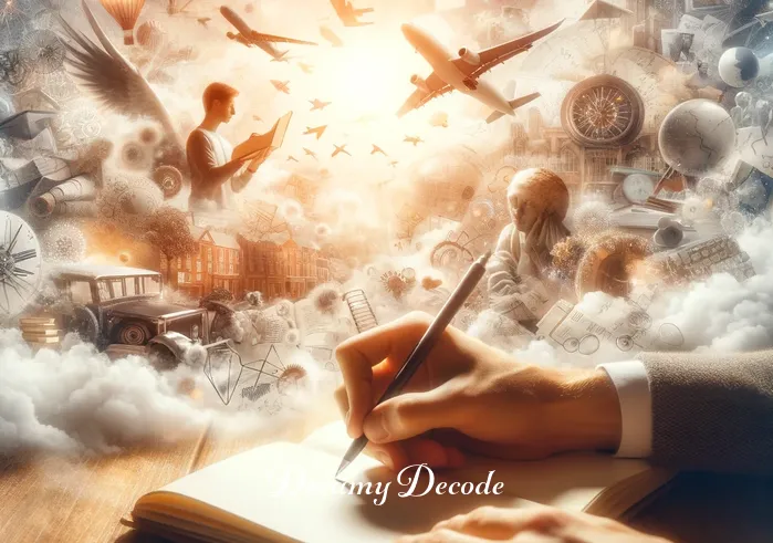 if i can dream meaning _ The same person now actively writing in their notebook, surrounded by soft light and images of their aspirations, like travel, education, and creative pursuits, visualizing their dreams taking shape.