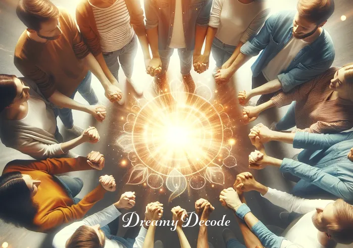 if i can dream song meaning _ A diverse group of people holding hands in a circle, surrounded by a soft glow, representing unity and the shared human experience as highlighted in the song
