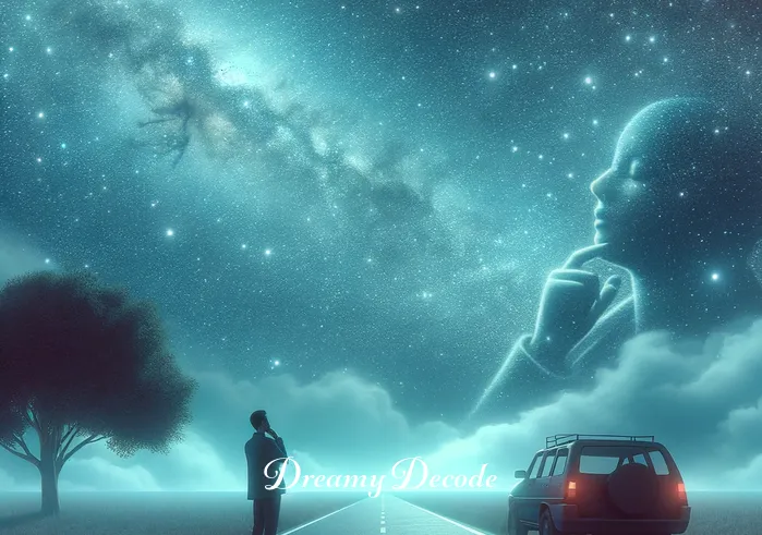 car accident dream meaning islam _ A peaceful, serene dream landscape under a starry night sky, where a person is standing beside a parked car on a deserted road, pondering deeply with a thoughtful expression, symbolizing introspection and self-reflection following a dream about a car accident in the context of Islamic dream interpretation.