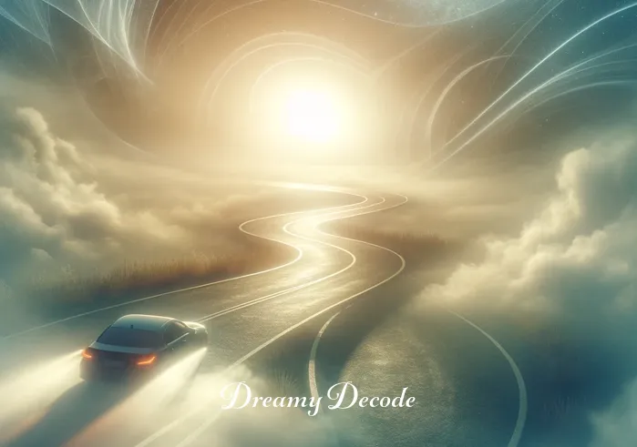 car accident dream meaning islam _ A dream sequence showing a car gently swerving on an empty, winding road, surrounded by soft mist and ethereal light. This symbolizes the avoidance of danger and the navigation of life