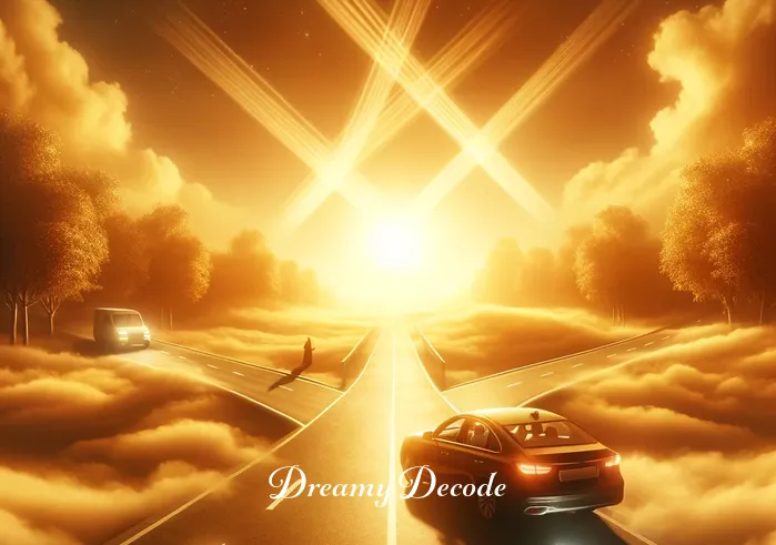 car accident dream meaning islam _ A surreal dream depiction of a car at a crossroads, bathed in a warm, golden light, with a clear sky above. The crossroads signify decision-making and life choices following a car accident dream, resonating with themes in Islamic dream interpretation.