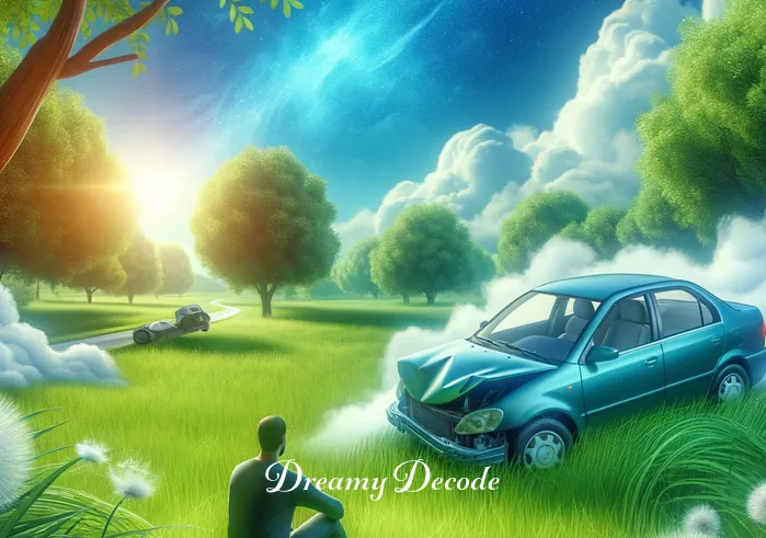 car accident dream meaning islam _ A tranquil dream scene where the car from the accident dream is safely parked in a lush, green meadow under a bright blue sky. A person is sitting nearby on the grass, peacefully reflecting. This represents resolution and inner peace after a car accident dream, consistent with Islamic teachings on dream meanings.