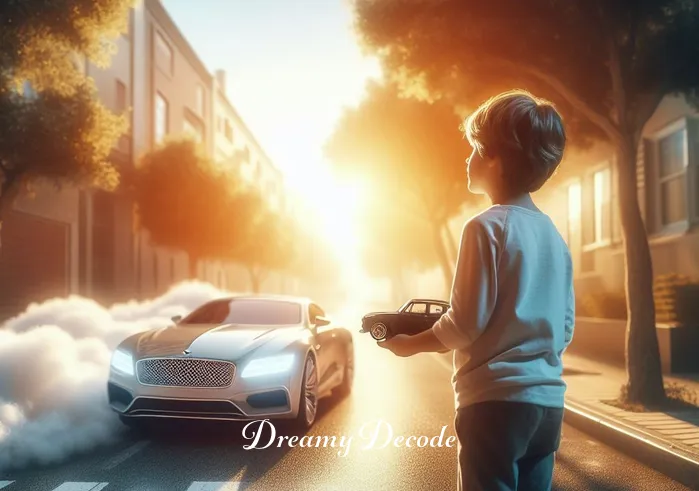 car chase dream meaning _ A dreamer stands in a peaceful, sunlit street, looking with curiosity at a toy car in their hand, symbolizing the beginning of a car chase dream.