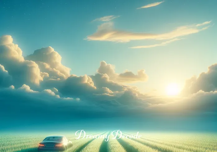 car chase dream meaning _ The dream concludes with the dreamer reaching a tranquil destination, a serene field under a clear blue sky, symbolizing resolution and peace after the chase.