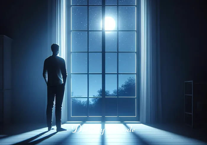 meaning of dream black shadow attacking me _ A person standing in a peaceful, dimly lit room, gazing out of a large window at the night sky, reflecting a sense of calm and introspection. The room is softly illuminated by the moonlight, creating a serene atmosphere.