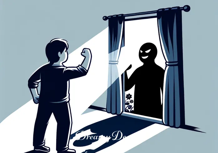 meaning of dream black shadow attacking me _ The final scene shows the person finding courage and confronting the shadow, now just outside the window, with a determined stance. The room is brighter, symbolizing the person's inner strength and resolve to face their fears.