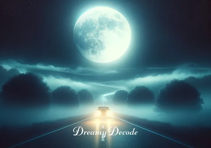 car crash dream meaning _ A serene, moonlit road with a single car traveling. The car