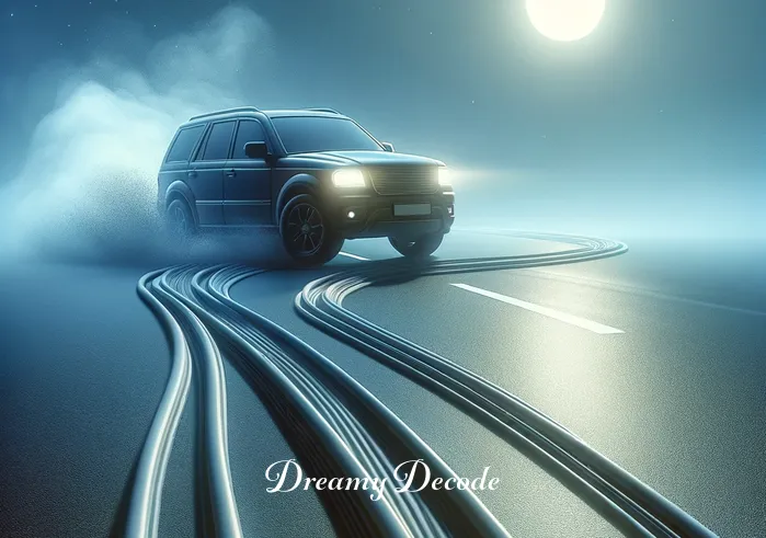 car crash dream meaning _ A car on a winding road, slightly losing control, with skid marks behind it. This represents a moment of uncertainty or fear in a dream, without showing any crash or harm.