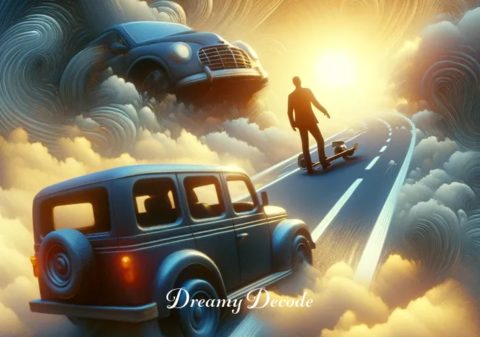 car crash dream meaning _ A dreamlike image of a car safely stopped after a skidding moment. The driver is visibly relieved, symbolizing overcoming challenges or escaping danger in a dream narrative.