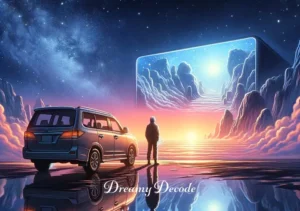 car crash dream meaning _ The final scene shows the car's driver standing beside the vehicle, looking at a clear, starry sky. This represents reflection, understanding, and peace following a turbulent dream episode.