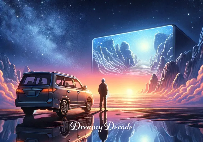car crash dream meaning _ The final scene shows the car's driver standing beside the vehicle, looking at a clear, starry sky. This represents reflection, understanding, and peace following a turbulent dream episode.
