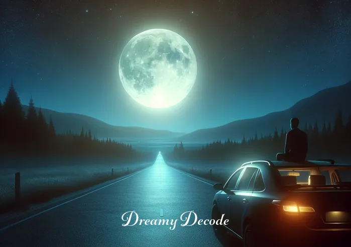 car crash dream meaning islam _ A tranquil night scene with a full moon illuminating a deserted road. A parked car is visible at the roadside, its driver sitting inside, looking contemplative. The serene atmosphere suggests introspection and the search for inner peace.