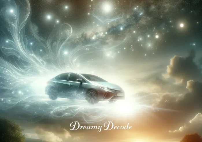 car crash dream meaning islam _ An ethereal, dream-like sequence where the car from the previous scene appears slightly transparent, floating above a peaceful landscape. Soft, celestial light bathes the scene, symbolizing enlightenment and spiritual awakening.