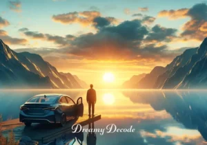 car crash dream meaning islam _ The final scene depicts a serene sunrise, with the car now parked by a beautiful, calm lake. The driver stands outside, gazing at the horizon, symbolizing a newfound understanding and acceptance, the resolution of inner turmoil.